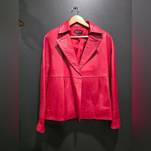 Red Leather Blazer Jacket Jones New York Collection One Snap Closure Collar Sz L - Picture 1 of 12